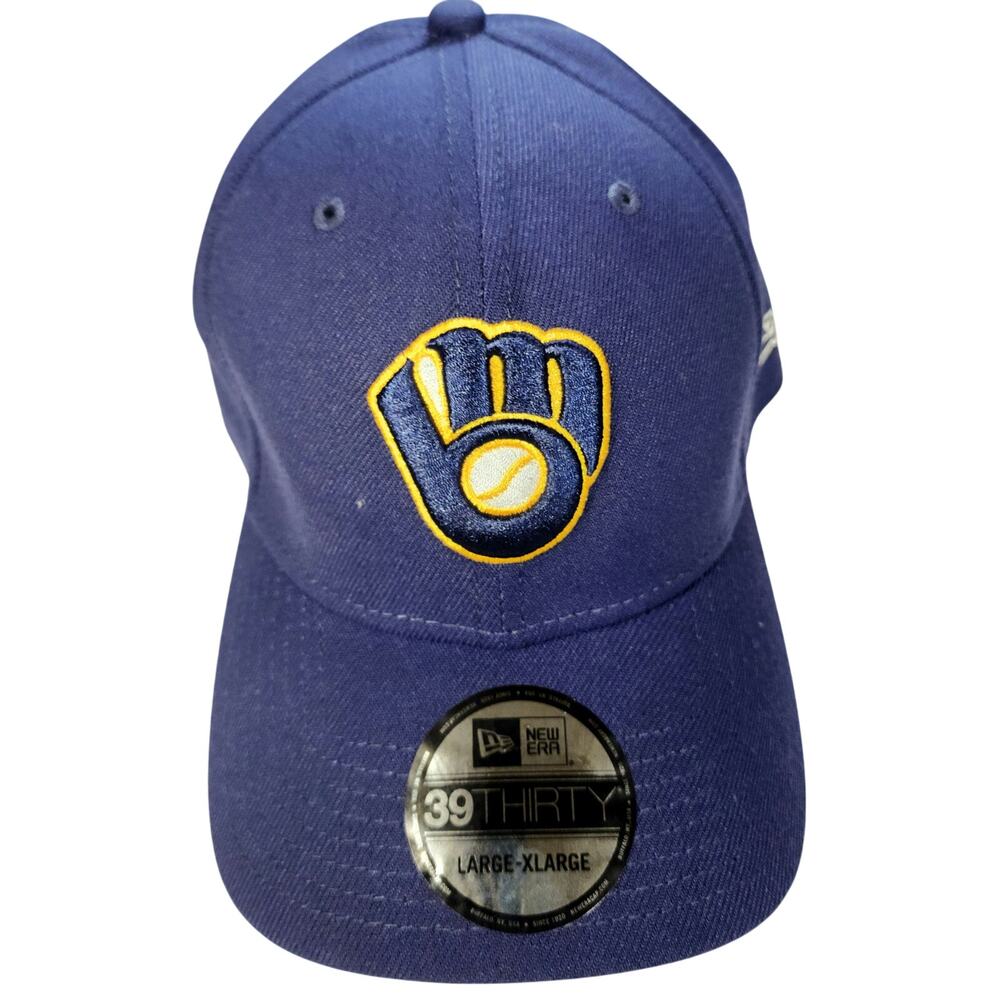 NWT New Era Milwaukee Brewers 39Thirty Baseball Hat Cap Blue Stretch Fit L/XL